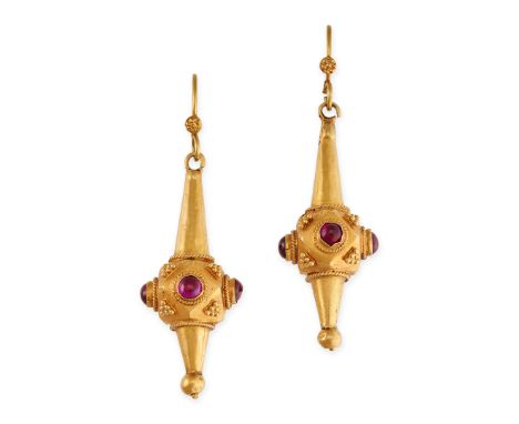 NO RESERVE - A PAIR OF ANTIQUE ARCHAEOLOGICAL REVIVAL RUBY EARRINGS in yellow gold, set with round cabochon rubies, accented 