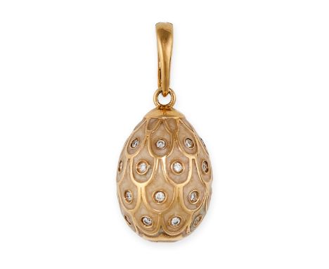TATIANA FABERGE, A DIAMOND AND ENAMEL EGG PENDANT in 18ct yellow gold, with cream enamel and round cut diamonds, signed TF, s
