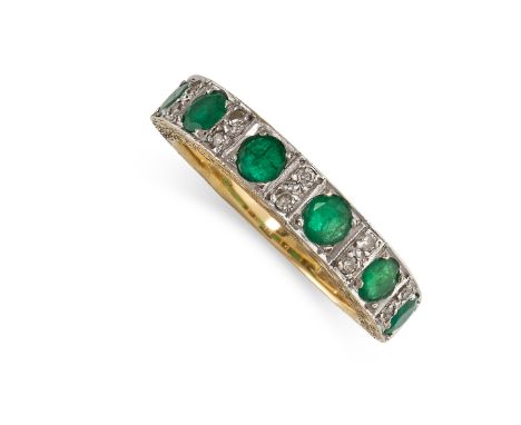 AN EMERALD AND DIAMOND RING in 18ct gold, set with five round cut emeralds accented by single cut diamonds, British hallmarks