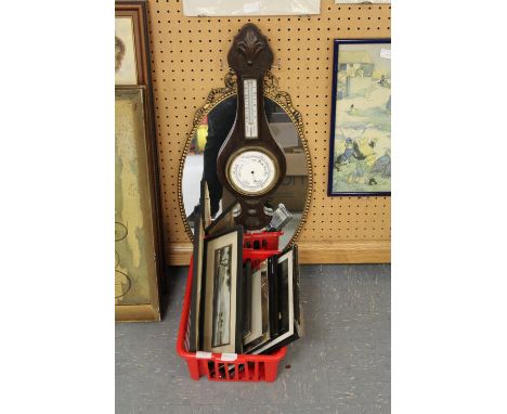 Gilt oval mirror, oak barometer and a selection of decorative pictures