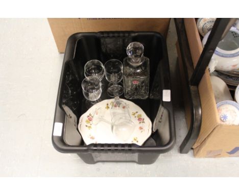 Glass decanter, glasses, and 2 plates