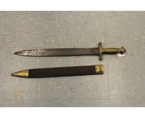 A French 1831 pattern short sword of Gladius form held within brass mounted leather scabbard Condition- Blade has some rustin