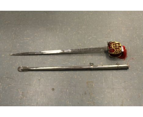 A Reproduction basket hilt sword with wire bound wooden handle held within steel scabbard, 110cm Length Condition-Good