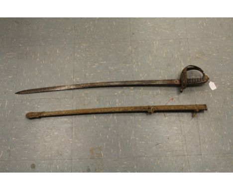 A 1827 Pattern sword eteched to blade "Stafford Rifles". Held within metal scabbard Condition-Handle, blade and scabbard all 