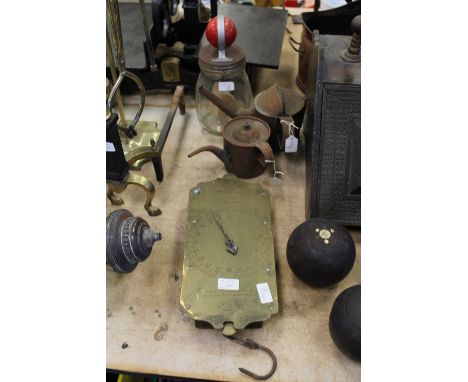 Salter scales, butter churn and 2 oil cans