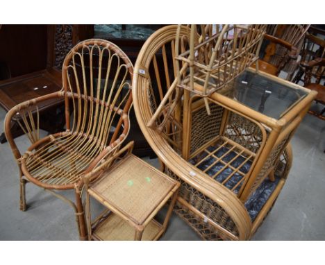 A selection of canework furniture including vintage magazine rack etc