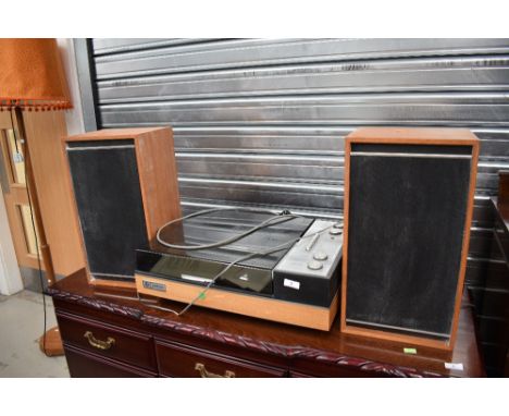 A vintage Pye Black Box table top radiogram and pair of 5754 speakers, plug replaced with new 3amp fused plug, not tested as 
