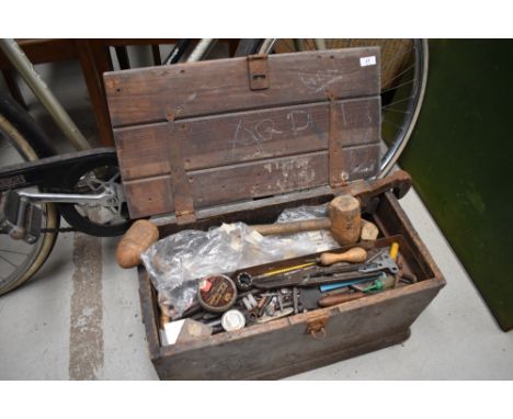 A vintage wooden tool box and contents  (tools and parts)
