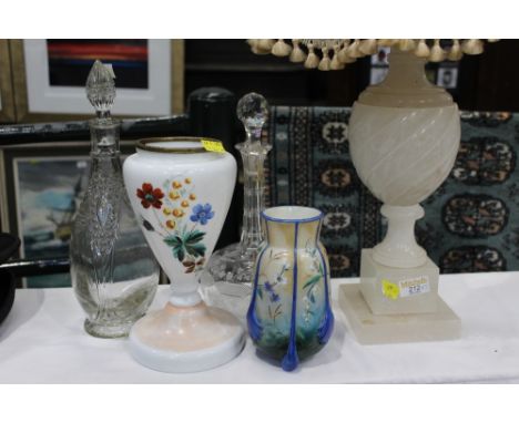 An Alabaster table lamp with shade together with two decanters and two Victorian milk glass vases 