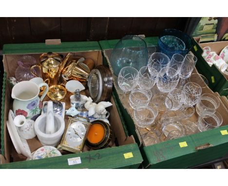 Two boxes of glassware, jugs, clock, barometer, part tea set etc