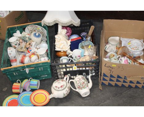 Three boxes of china, ornaments, figural lamp, glassware, etc 