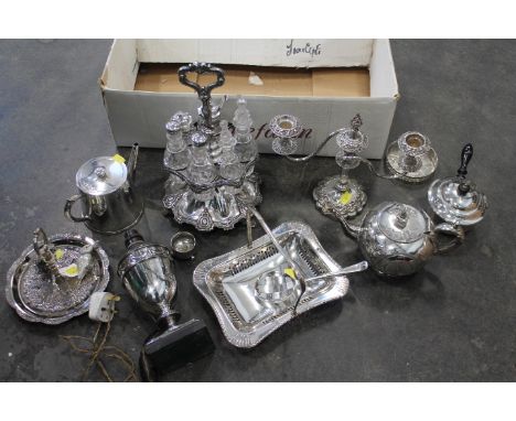 Silver plated candelabra, lamp, hot water jugs, teapots etc