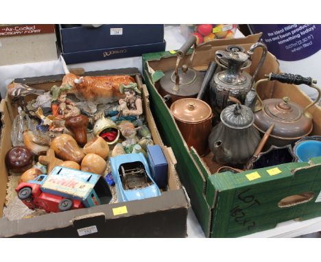 Two boxes of figurines, vintage toys to include a Kwick window cleaners van, copper kettles, silver plated ware etc 