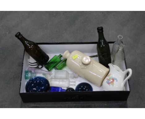 Box containing Brampton vintage bottles, toasting fork, hot water bottle etc