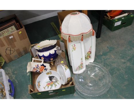 Two boxes of lamp, decanter, planter, jug, bowls, etc 