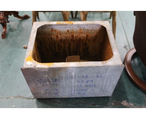 Vintage galvanised water tank marked to the side Butterfield's of Shipley, height 44 cm, width 58 cm, depth 44 cm