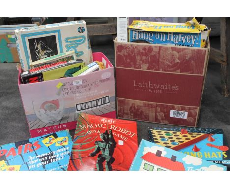 Two boxes of vintage board games etc, to include flying hats and pairs 