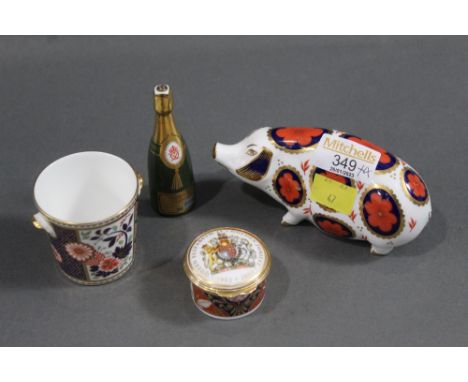 Royal Crown Derby pig paperweight, champagne bottle, pin dish and small bucket form pot