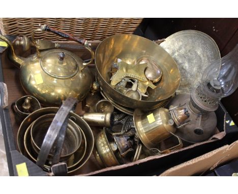 Box of brassware, corkscrews, chimneys, small jam pans, oil lamp, etc 
