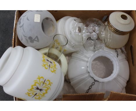 Box of vintage light shades, oil lamp shades etc 
