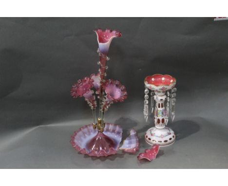 Victorian cranberry glass epergne and a Lustre (AF)