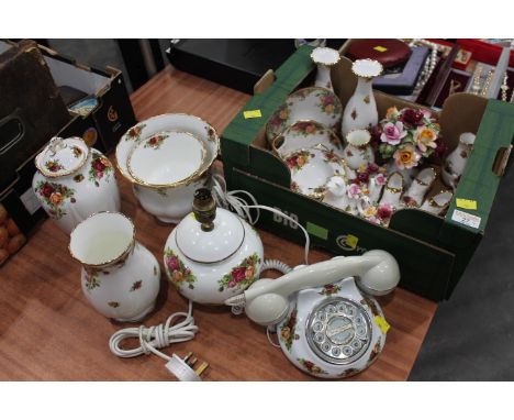 Royal Albert Old Country Rose trinket dishes, vases, telephone, lamp and bowls