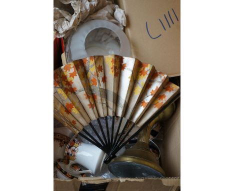 Unsorted mixed box to include an oil lamp &amp; early oriental fan
