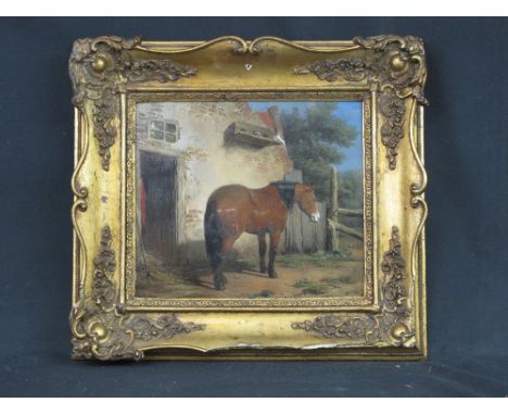 LOUIS VAN KUYCK, FLEMISH (1821-1871), pony in farmyard with stable door and pigeon loft.  Oils on oak panel.  23cm x 27cm CON