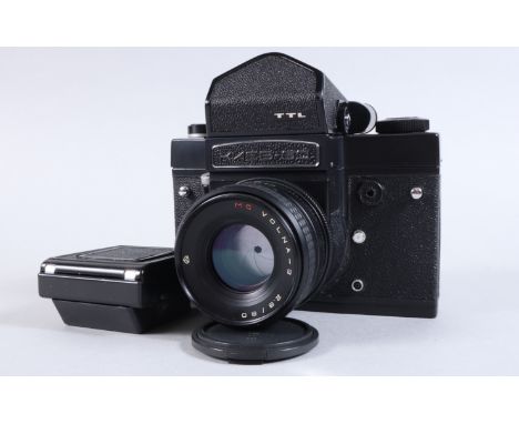 A Kiev 60 TTL Camera, black, serial no 12390, shutter working, with metered prism finder, meter responsive, body G-VG, with V