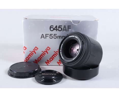 A Mamiya 645 AF 55mm f/2.8 lens, AF functions, barrel G-VG, elements G-VG, with caps, hood, in maker's box