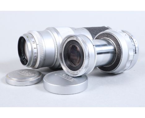 Two Leitz Wetzlar Lenses, a 9cm f4 Elmar collapsible lens, serial no 1493397, 1957, barrel G-VG, elements F, some fungus and 