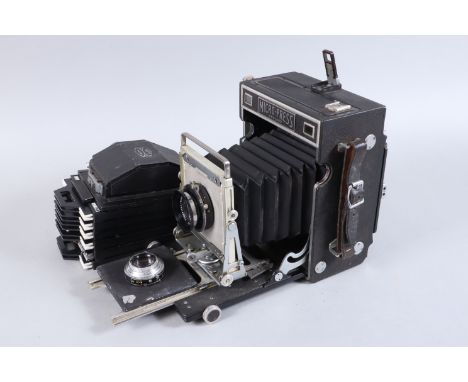 A Micro Press 5 x 4 Camera,   serial no 3888, 1951, focal plain shutter firing, body G, wear to metal edging, some scratches,