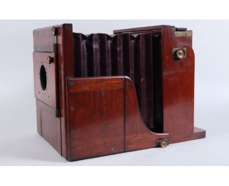 A Wet Plate 8 x 8in Mahogany Tailboard Stereo Camera Body, unnamed, circa 1865, square-cornered parallel maroon bellows, plat