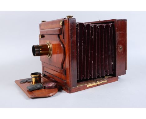 A Hare Whole Plate Mahogany Tailboard Camera, circa 1870, maker's plate  'G. HARE 1 LR CALTHORPE ST LONDON', rising and side 