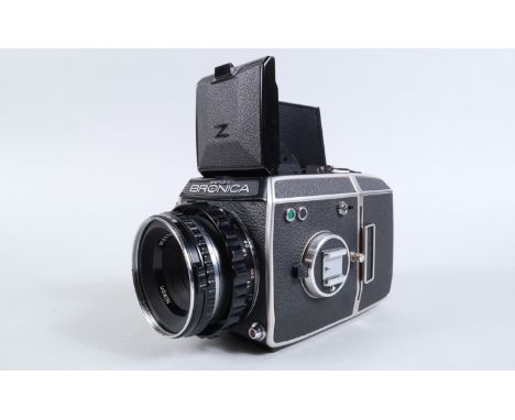 A Zenza Bronica EC Camera, chrome, serial no CB 305686, battery check light working, shutter not firing, body G-VG, with Nikk