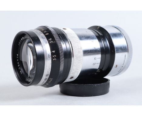 A Stewartry Trinol Anastigmat 105mm f/3.5 Lens, M39 mount, serial no 034774, barrel G, some light wear, elements G, some haze