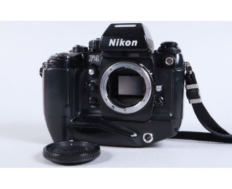 A Nikon F4 Camera Body, serial no 2258779, powers up, appears to function as should, shutter working, meter responsive, body 