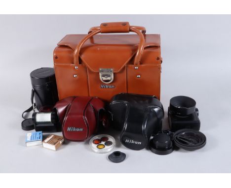 Nikon Cases and Accessories, a FB-11 outft bag, some light wear, with inner compartments and strap, a red CF-20 case, G-VG, a