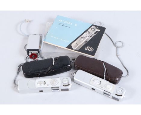 Two Minox B Sub Minature Cameras, shutters working, meters responsive, bodies G, some wear, with camera chain, one brown, one