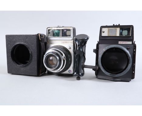 Graflex XL Cameras, a Graflex XL +g, body P-F, glass damaged viewfiner front, no handles, focus screen intact, with Carl Zeis