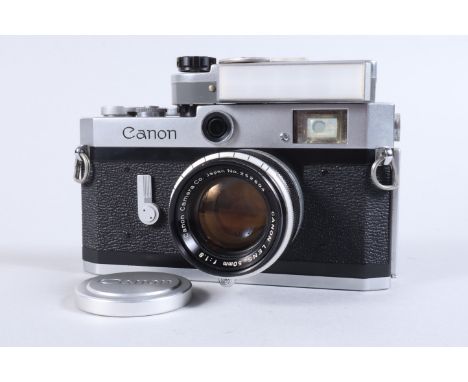 A Canon P Rangefinder Camera, serial no 703514, shutter sticking below one 8th of second, body G, front glass to viewfinder l