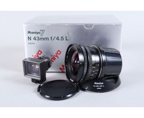 A Mamiya 7 N 43mm f/4.5 L Wide Angle Lens, serial no PD1010, barrel VG, elements VG, with front and rear caps, hood, with wid