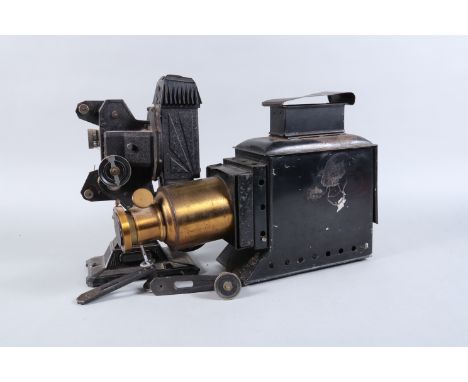 A Medium Size Early 20th Century Magic Lantern, with flue, 6in brass lens and lens cover, no condenser, base or illuminant, t