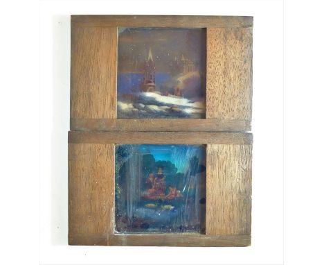 Mahogany-Mounted Chromolithographic Magic Lantern Slides,  4in. sq. - maritime, mill, snow scene and others, G, one cover gla