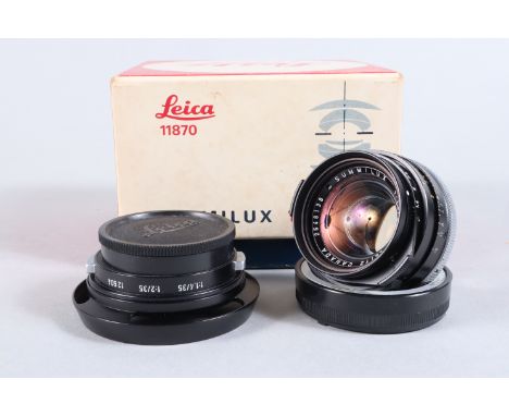 A Leica Summilux 35mm f/1.4 Lens, black, Leitz Canada, serial no 2548138, 1972, barrel G, light wear, elements G-VG, with fro