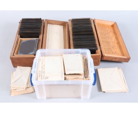 3¼sq in Magic Lantern Slides and Glass Plate Negatives,  slides - university outing, 1950s, and church interiors, in wooden c