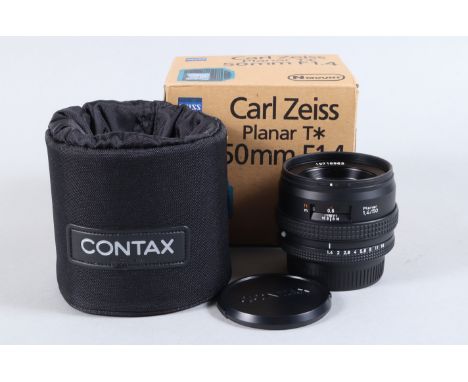 A Carl Zeiss T* 50mm f/1.4 Planar Lens, Contax N mount, serial no 12716963, barrel VG, elements G, some light haze to edge of