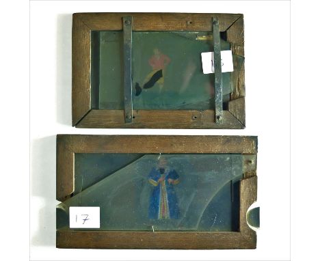 Mahogany-Mounted Slipping Magic Lantern Slides,  bearded man with scales, possibly Shylock, Jugged Hare, policeman, man in tu