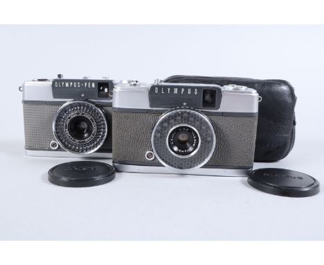 Two Olympus Pen Half-Frame Cameras, an Olympus Pen EE, shutter working, selenium cell working, body G, some light scratches t