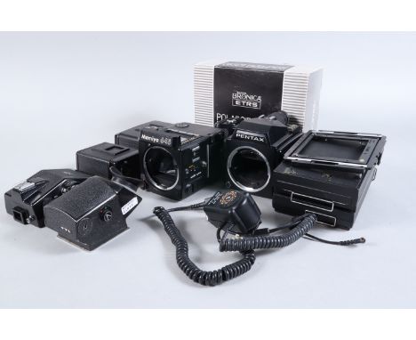 Camera Bodies and Accessories, a Mamiya 645 Super body, untested, no viewfinder, battery cover present, light wear, a Pentax 